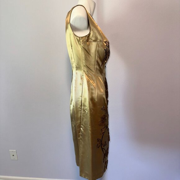 Vtg 60s Liquid Satin Gold Beaded Sleeveless Sheath Dress Silk Wiggle Size - Picture 2 of 6
